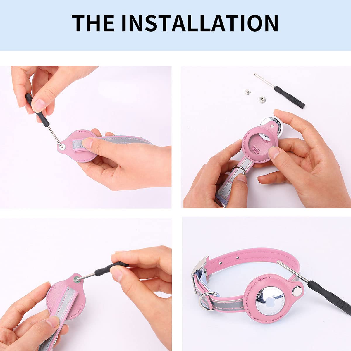 طوق قطط اير تاج عاكس من الجلد لجهاز تتبع نظام تحديد المواقع الجغرافية من اجوملوكس، طوق مدمج قابل للتعديل، اسود، مقاس S