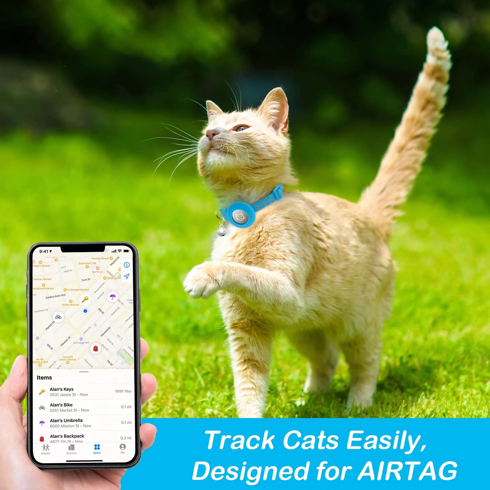 طوق قطط اير تاغ قابل للفصل مع جرس، طوق عاكس للقطط مع حامل طوق ابل ايرتاج، قابل للتعديل 7-12 انش، مشبك امان للبنات والاولاد والقطط ومستلزمات الحيوانات الاليفة والاكسسوارات والهدايا (ارجواني)