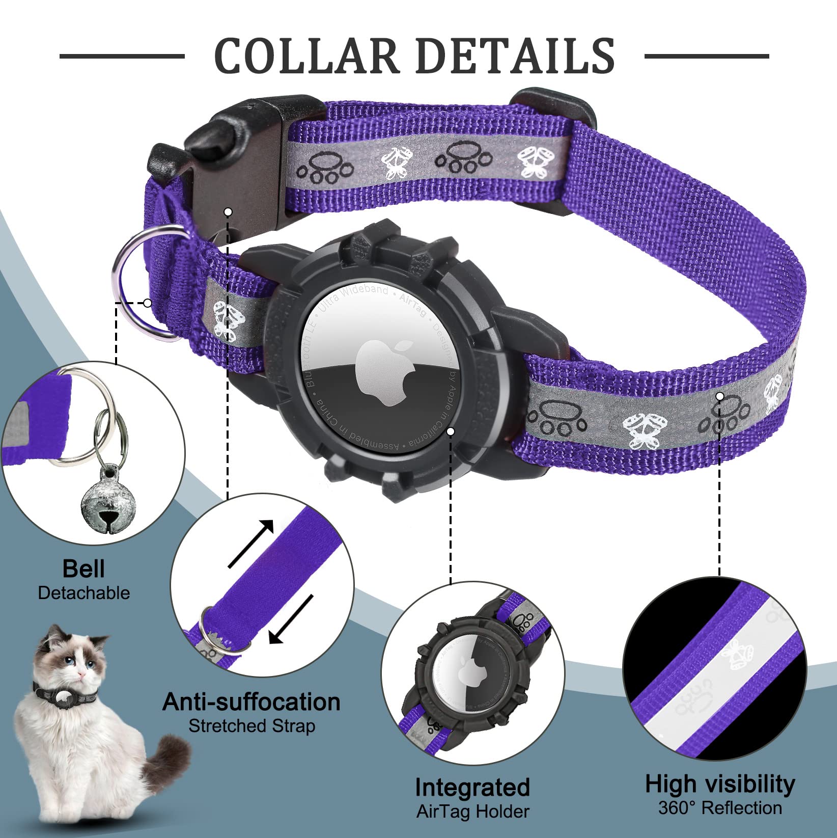 طوق قطط ايرتاج عاكس، طوق قطط ابل ايرتاج مدمج مدمج، طوق تتبع قطط لنظام تحديد المواقع مع حامل ايرتاج وجرس، طوق تتبع القطط خفيف الوزن للقطط الصغيرة والجراء [ارجواني] [S] من جياروي