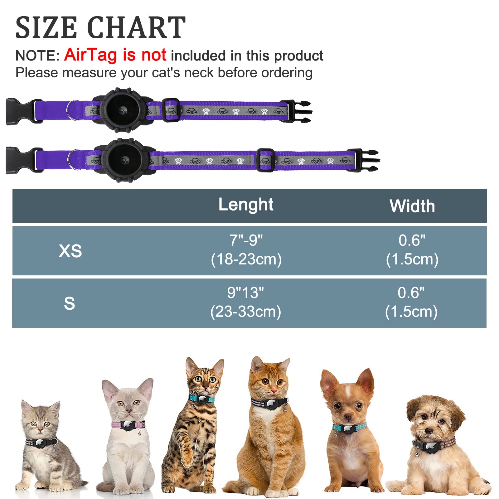 طوق قطط ايرتاج عاكس، طوق قطط ابل ايرتاج مدمج مدمج، طوق تتبع قطط لنظام تحديد المواقع مع حامل ايرتاج وجرس، طوق تتبع القطط خفيف الوزن للقطط الصغيرة والجراء [ارجواني] [S] من جياروي
