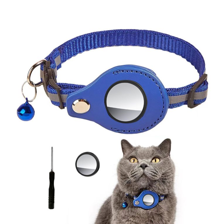 طوق قطط عاكس من الجلد لجهاز تتبع نظام تحديد المواقع العالمي من دي اتش ويكو، طوق مدمج قابل للتعديل، ازرق