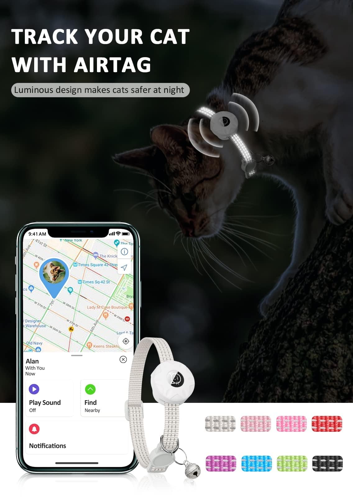 طوق قطط متو إيرتاج مزود بخاصية الانعكاس وحامل إيرتاج مدمج مع جرس قابل للفك لسلامة القطط وخفيف الوزن مناسب للقطط الصغيرة والجراء من الجنسين من جينيريك