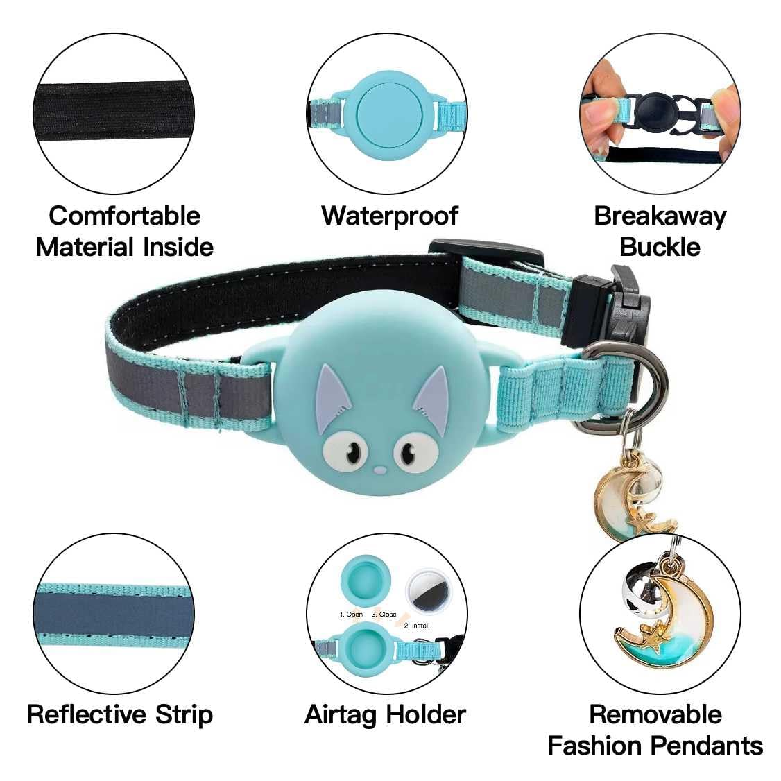 طوق للقطط مقاوم للماء وعاكس للانفصال من ديفسدار مع حامل ايرتاج مدمج، طوق خفيف الوزن وقابل للتعديل للقطط، ملحق مثالي لتتبع القطط (جهاز ايرتاج غير متضمن) - اسود