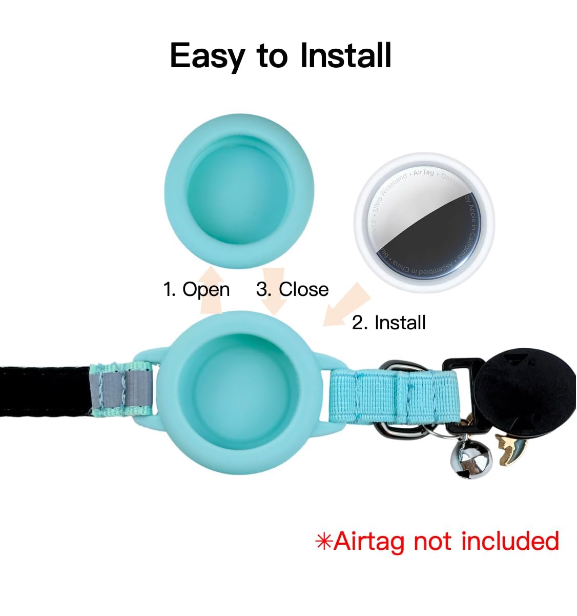 طوق للقطط مقاوم للماء وعاكس للانفصال من ديفسدار مع حامل ايرتاج مدمج، طوق خفيف الوزن وقابل للتعديل للقطط، ملحق مثالي لتتبع القطط (جهاز ايرتاج غير متضمن) - اسود