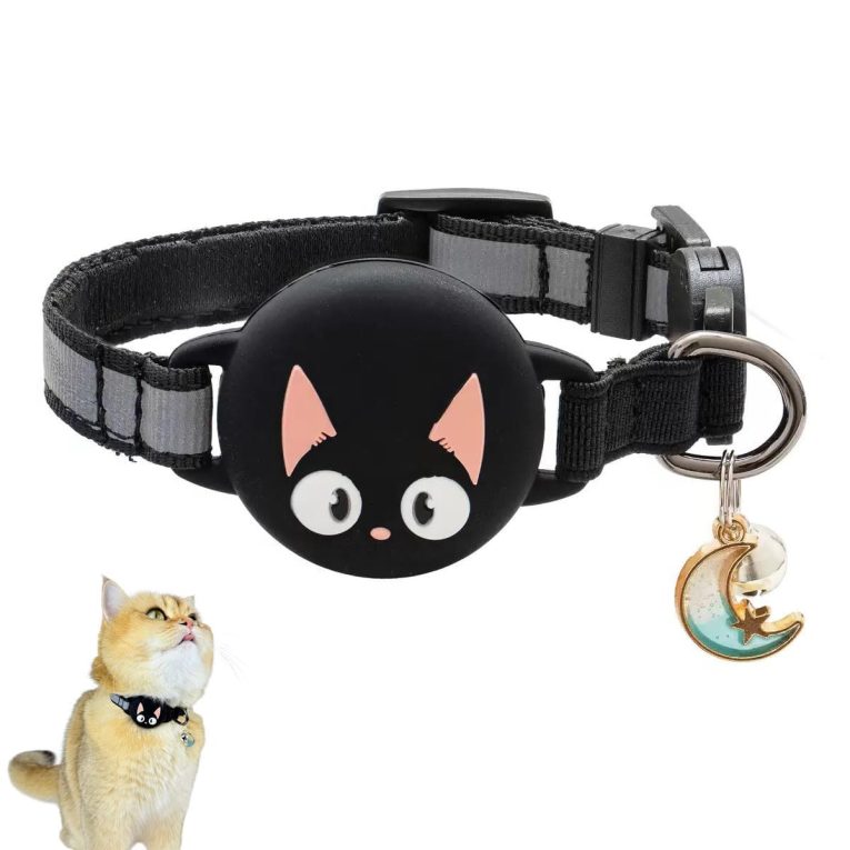 طوق للقطط مقاوم للماء وعاكس للانفصال من ديفسدار مع حامل ايرتاج مدمج، طوق خفيف الوزن وقابل للتعديل للقطط، ملحق مثالي لتتبع القطط (جهاز ايرتاج غير متضمن) - اسود