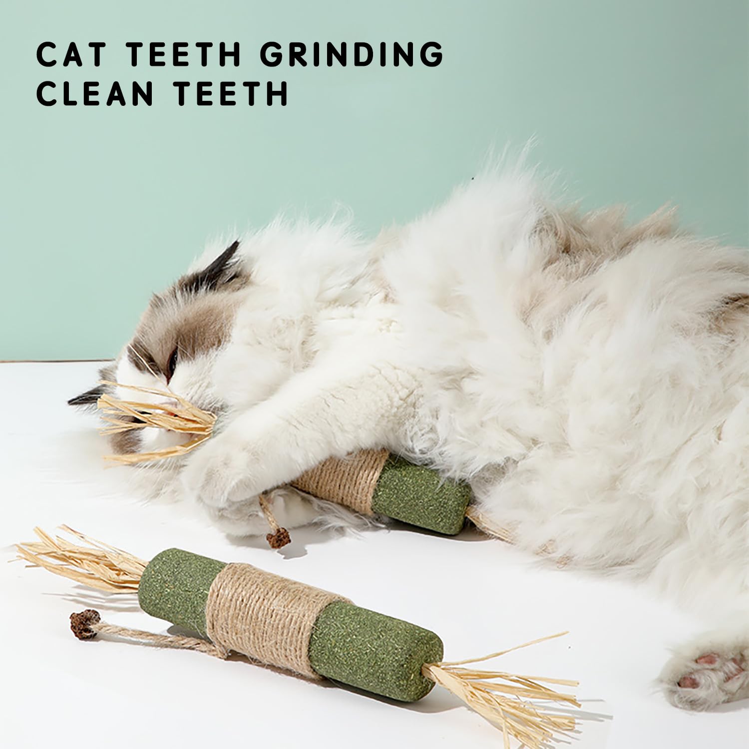 عصا مضغ للشعر الطبيعي، لعبة مضغ للقطط وتنظيف الاسنان، لعبة تفاعلية للحيوانات الاليفة، لعبة مضغ للقطط صالحة للاكل