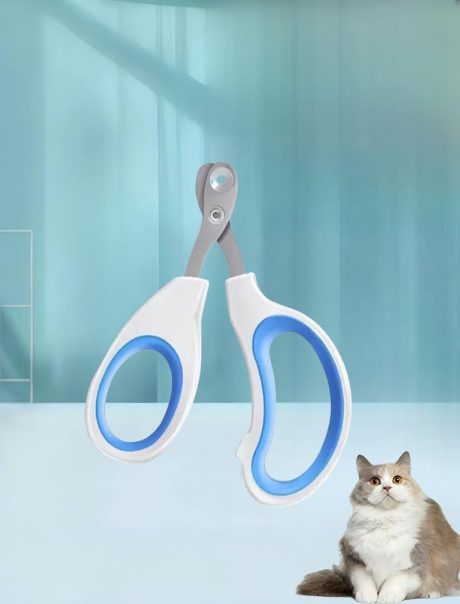 قصافة اظافر للقطط بتصميم فتحة مزدوجة - اداة للحيوانات الاليفة من الستانلس ستيل للقطط والكلاب الصغيرة، امنة وسهلة التشذيب، تمنع القطع الزائد، مقبض مريح للامساك، ازرق وابيض