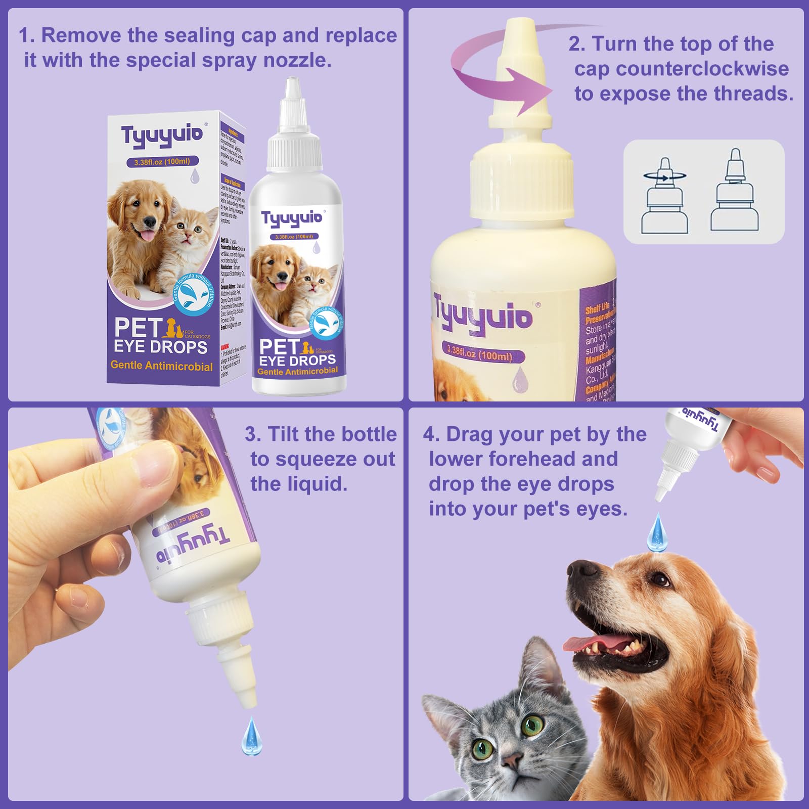 قطرات عين للحيوانات الأليفة للكلاب والقطط لتهدئة تهيج العينين وحساسية العدوى وتخفيف جفاف عيون الكلاب والقطط والعيون الحمراء، منظف بقع دموع الحيوانات الأليفة، تركيبة آمنة ولطيفة لجميع الحيوانات، 1 لتر