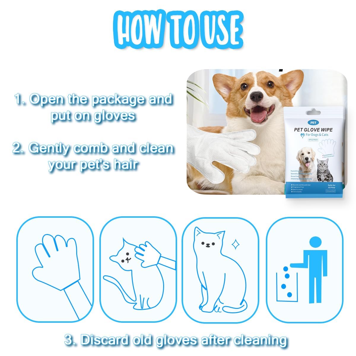 قفازات تنظيف الحيوانات الاليفة وازالة الروائح الكريهة من ازوني، قفازات تنظيف وجه فرو الكلاب والقطط والاذنين والعينين والكفوف، مناديل مبللة للعناية اليومية والسفر، بدون شطف (12 قطعة)
