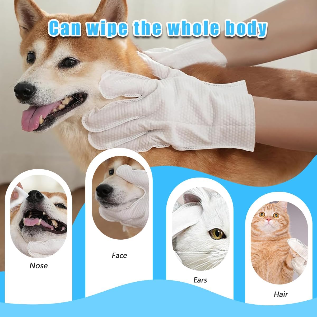 قفازات تنظيف الحيوانات الاليفة وازالة الروائح الكريهة من ازوني، قفازات تنظيف وجه فرو الكلاب والقطط والاذنين والعينين والكفوف، مناديل مبللة للعناية اليومية والسفر، بدون شطف (12 قطعة)