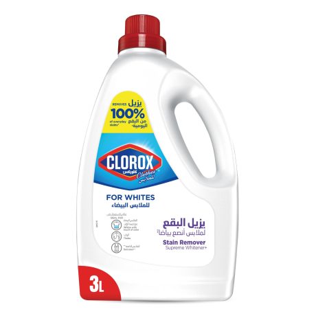 كلوركس مزيل البقع السائل لتعزيز اللون للملابس البيضاء، 3 لتر، إزالة فائقة للبقع، مبيض فائق، يقتل 99% من الجراثيم