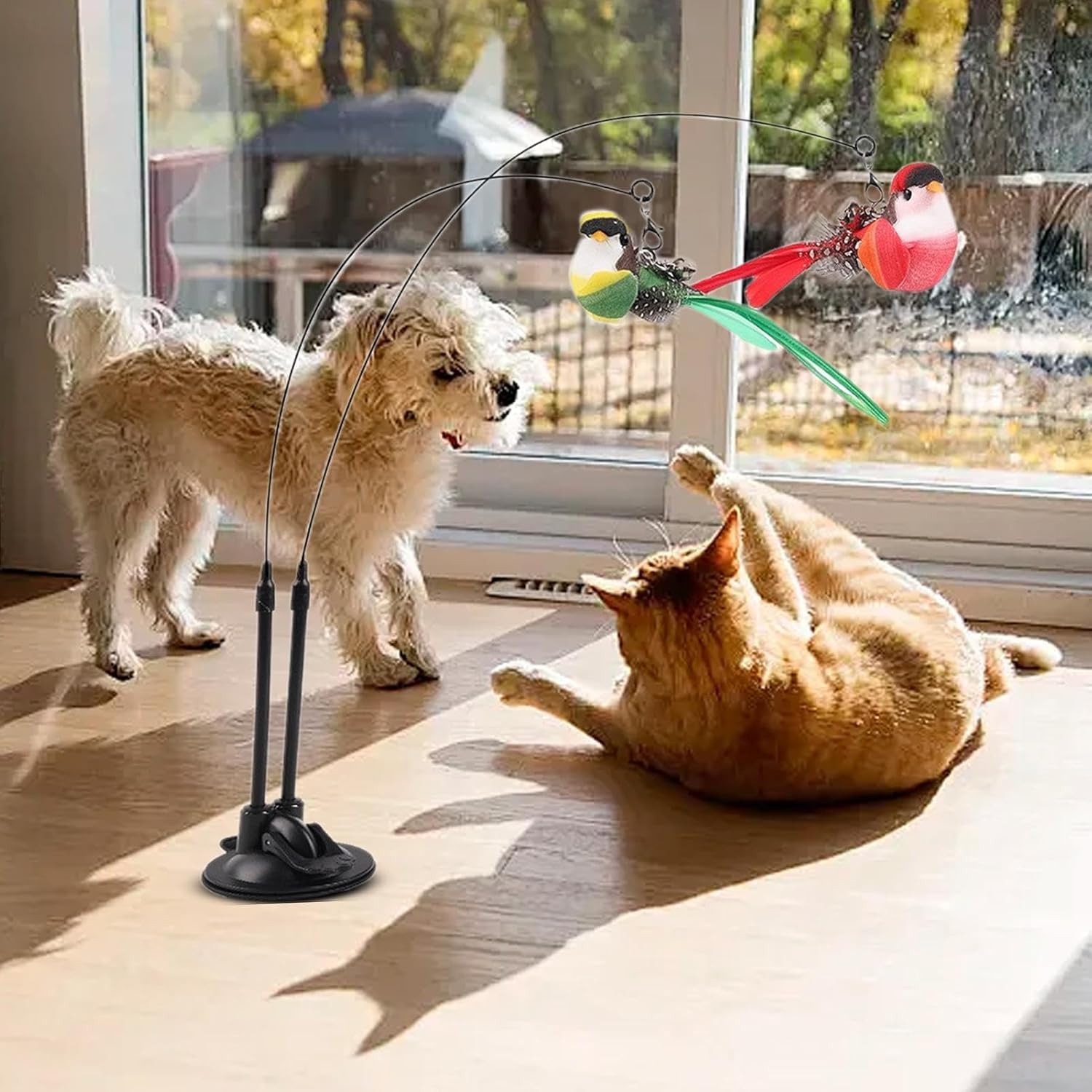 لينجي العاب قطط، العاب ريش القطط، لعبة عصا للقطط 2 في 1 مع كوب شفط قوي، تصميم طيور محاكي دوار قابل للفصل، مناسبة للعب داخل المنزل / التدريب الرشيق واللعب الهادئ بمفرده.
