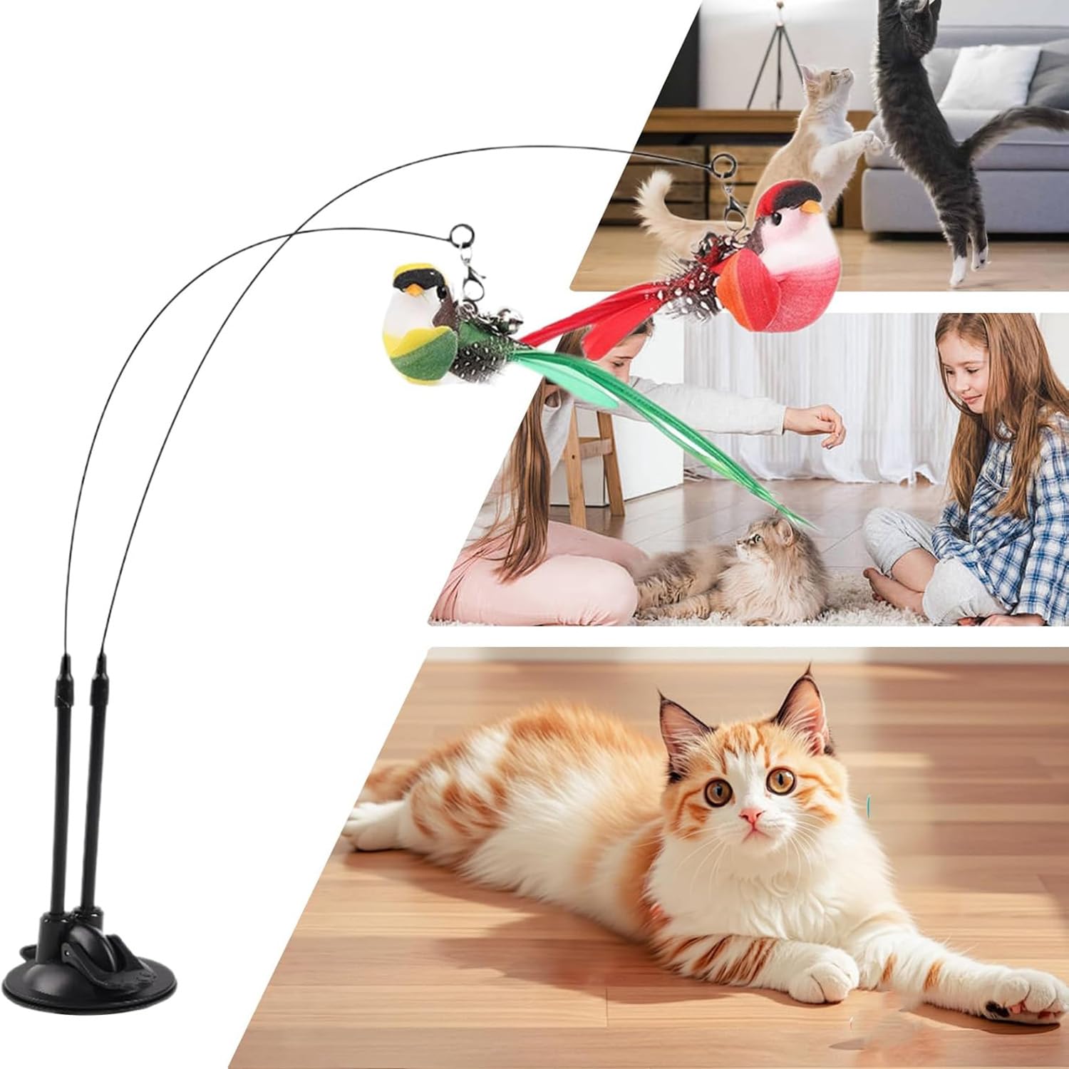 لينجي العاب قطط، العاب ريش القطط، لعبة عصا للقطط 2 في 1 مع كوب شفط قوي، تصميم طيور محاكي دوار قابل للفصل، مناسبة للعب داخل المنزل / التدريب الرشيق واللعب الهادئ بمفرده.