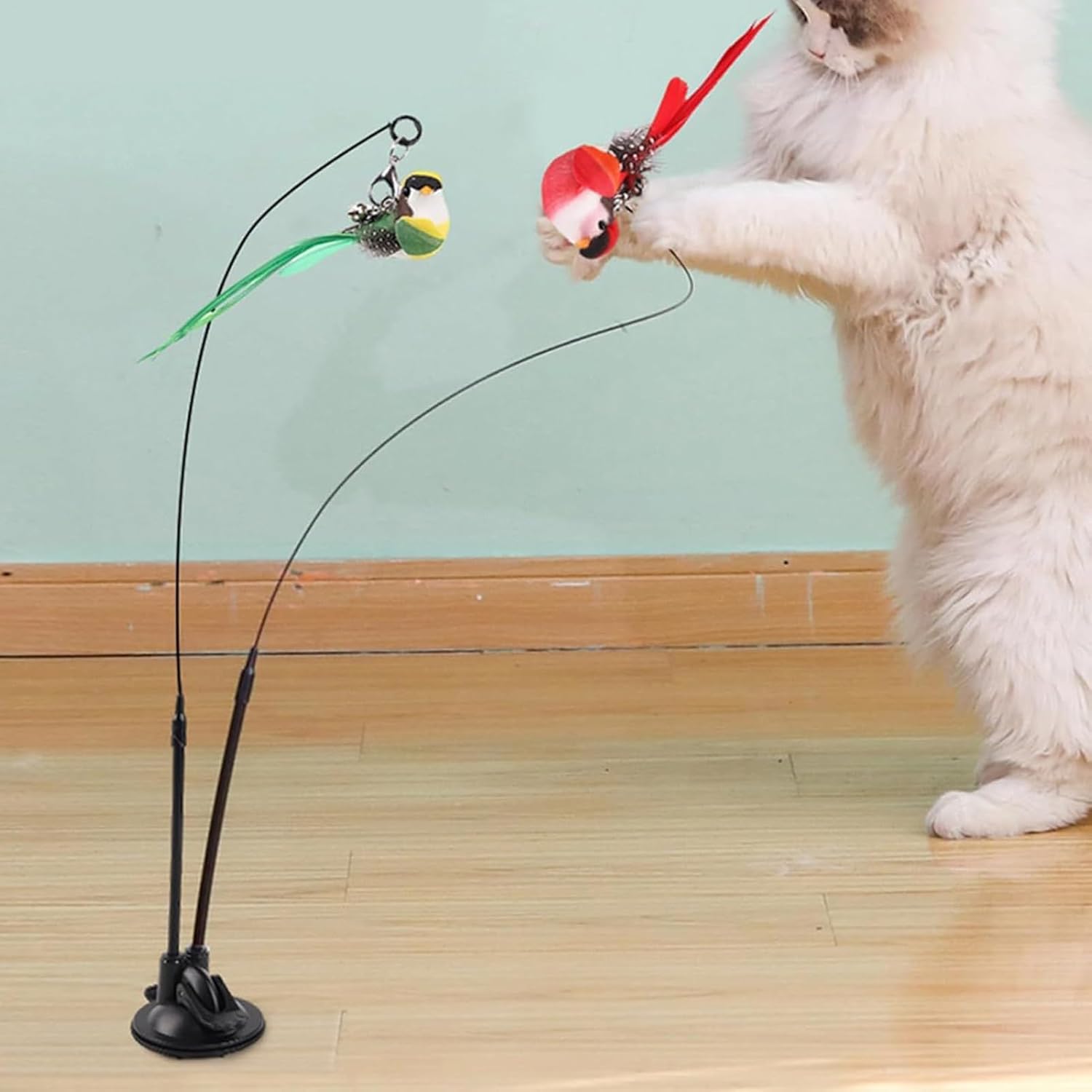 لينجي العاب قطط، العاب ريش القطط، لعبة عصا للقطط 2 في 1 مع كوب شفط قوي، تصميم طيور محاكي دوار قابل للفصل، مناسبة للعب داخل المنزل / التدريب الرشيق واللعب الهادئ بمفرده.