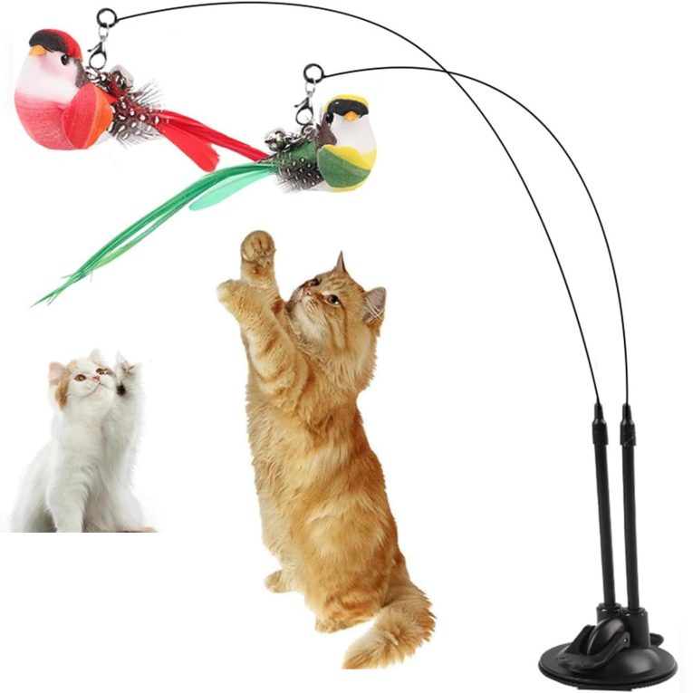 لينجي العاب قطط، العاب ريش القطط، لعبة عصا للقطط 2 في 1 مع كوب شفط قوي، تصميم طيور محاكي دوار قابل للفصل، مناسبة للعب داخل المنزل / التدريب الرشيق واللعب الهادئ بمفرده.