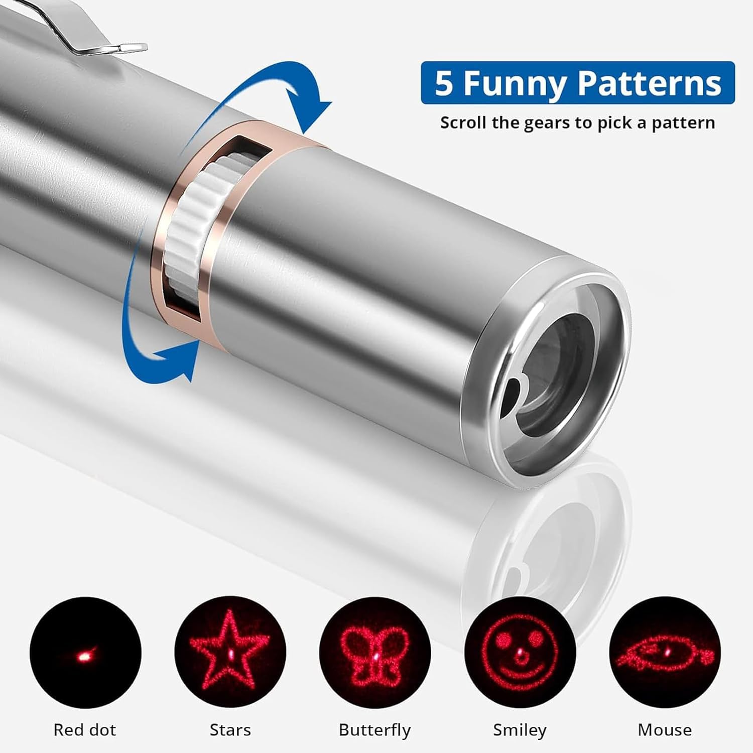 مؤشر ليزر لعبة للقطط: ألعاب تفاعلية للقطط والكلاب قابلة لإعادة الشحن بإضاءة بـ2 لون و5 أنماط، للعب والتمرين للقطط والكلاب، لعبة مطاردة للحيوانات الأليفة، هدية لمحبي القطط (فضي + ذهبي)