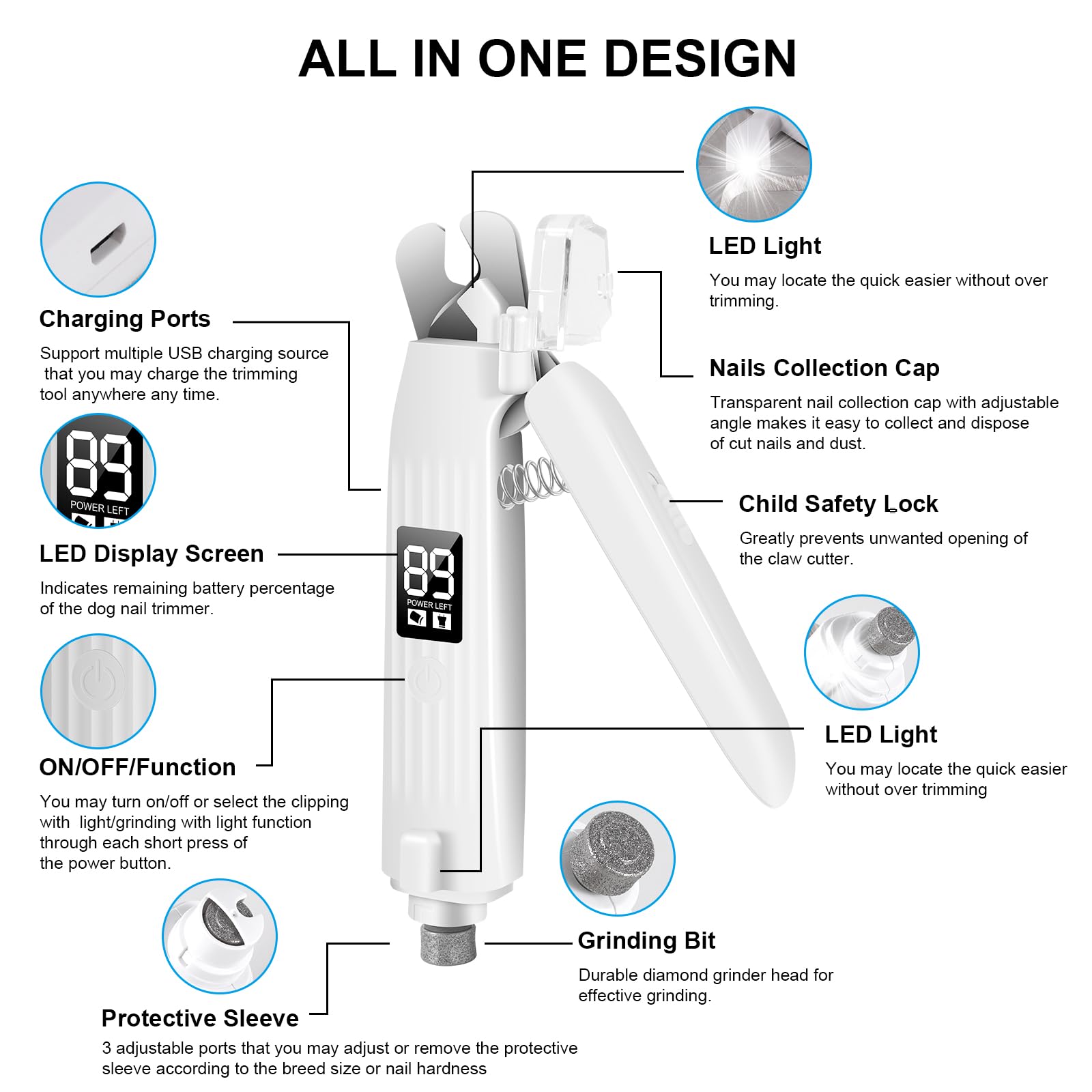 ماكينة تشذيب أظافر القطط والكلاب، قصافة أظافر كهربائية قابلة لإعادة الشحن مع 2 مخالب بإضاءة LED للكلاب والقطط من اس زد ام دي ال اكس
