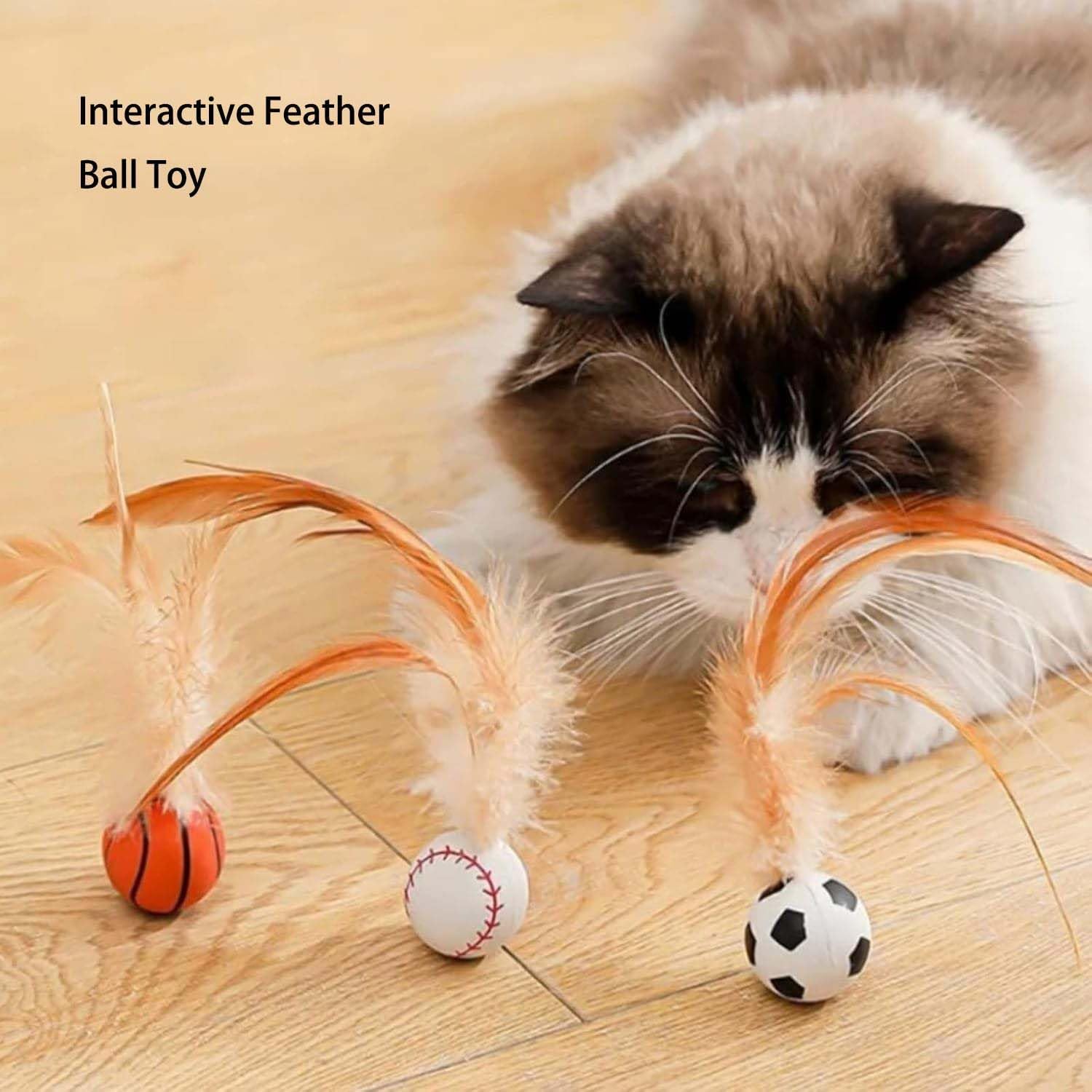 مجموعة العاب كرات ريشة للقطط من 3 قطع - العاب قطط نطاطة مرنة مع ذيول ريشة، كرات دوارة من السيليكون للقطط في الاماكن المغلقة وتمارين القطط الصغيرة