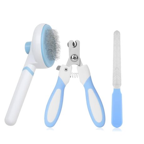 مجموعة العناية بالحيوانات الاليفة، فرشاة ذاتية التنظيف للكلاب والقطط بشعيرات منحنية 135 درجة وقصافة اظافر امنة مع واقي، للشعر الطويل والقصير