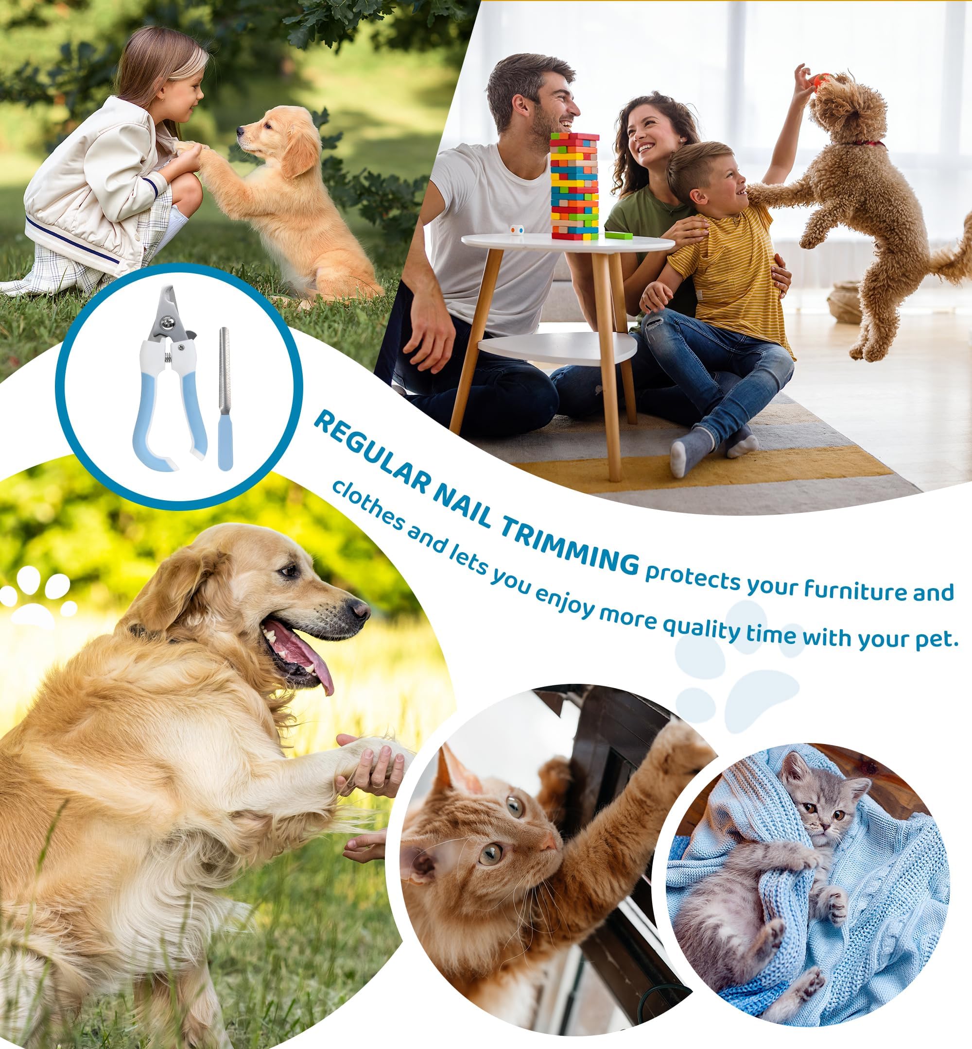 مجموعة العناية بالحيوانات الاليفة، فرشاة ذاتية التنظيف للكلاب والقطط بشعيرات منحنية 135 درجة وقصافة اظافر امنة مع واقي، للشعر الطويل والقصير