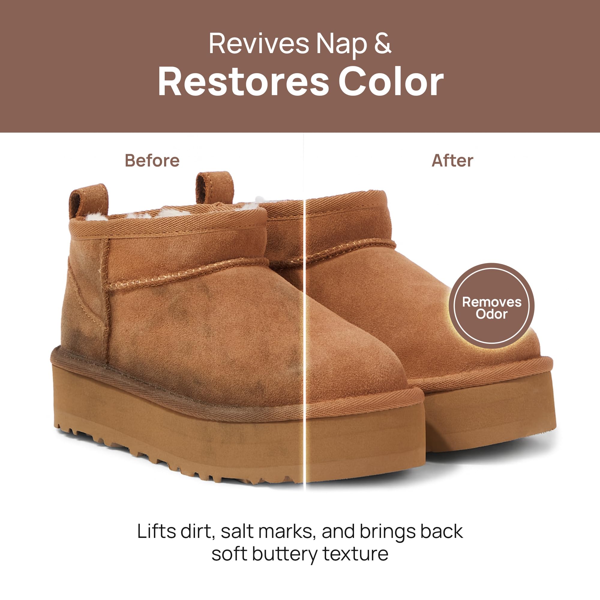 مجموعة تنظيف جلد الغنم والشامواه متوافقة مع احذية يو جي جي - منظف وبلسم لطيف وبخاخ واقي ومزيل للروائح وممحاة قيلولة بقع الجلد السويدي، مجموعة فرش مزدوجة - لاحذية يو جي جي والبوت