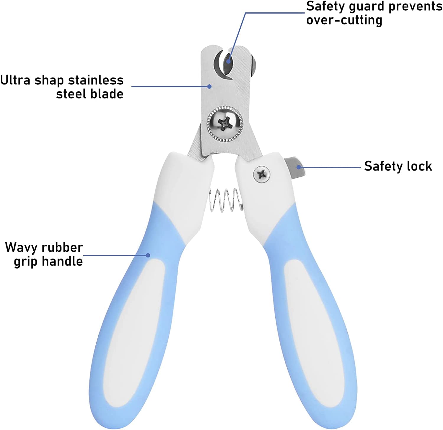 مجموعة قصافة أظافر مع مبرد أظافر احترافية من الفولاذ المقاوم للصدأ للحيوانات الأليفة القطط والكلاب والجراء والقطط الصغيرة مزودة بقفل أمان وواقٍ للحماية من مامو بير، أزرق