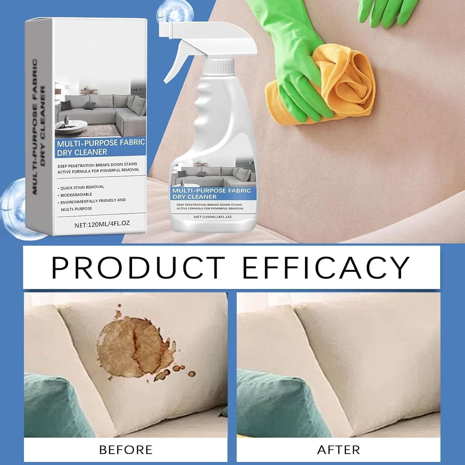 مزيل البقع للسجاد؟ 120 مل بخاخ منظف للبقع والروائح الكريهة للاريكة واقمشة الاثاث، مزيل للقماش والكنبة وتنظيف الاريكة