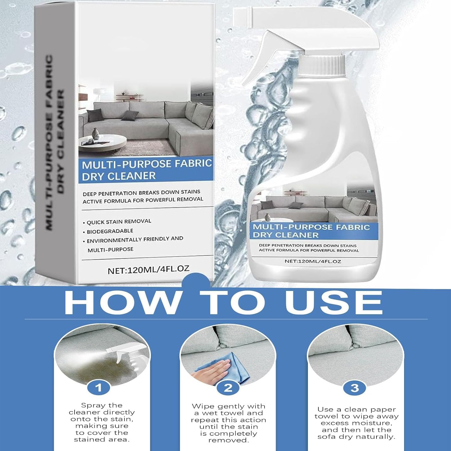 مزيل البقع للسجاد؟ 120 مل بخاخ منظف للبقع والروائح الكريهة للاريكة واقمشة الاثاث، مزيل للقماش والكنبة وتنظيف الاريكة