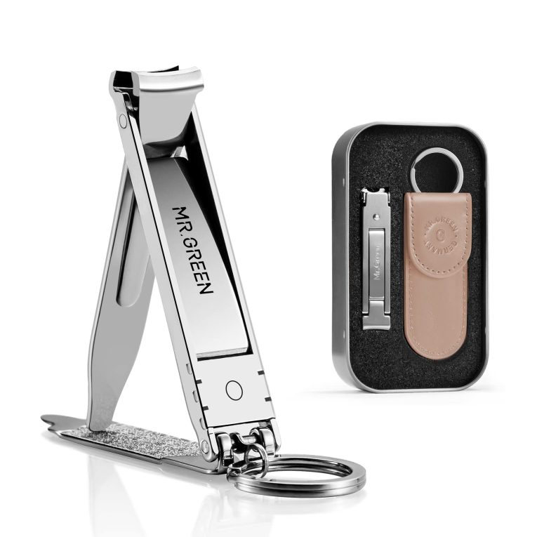 مقص أظافر قابل للفتح بتصميم صغيرة ورفيع ومحمول من الفولاذ المقاوم للصدأ مع مبرد أظافر مناسبة للسفر من مستر جرين (حافظة جلد زرقاء وصندوق معدني)
