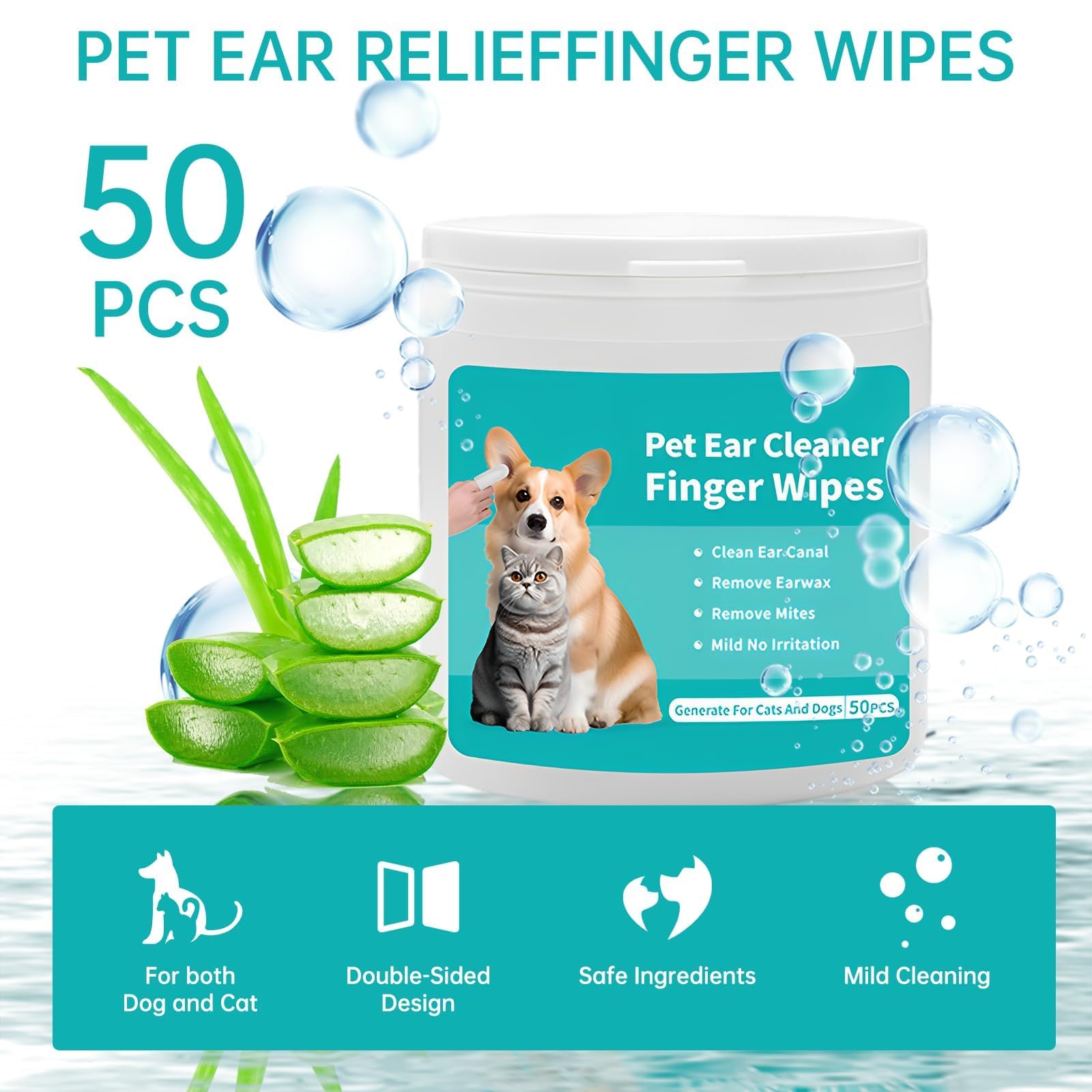 مناديل مبللة للاذن للكلاب، 50 قطعة من مناديل تنظيف اذن الحيوانات الاليفة القابلة للتحلل البيولوجي، مناديل لطيفة لتنظيف الاذن للكلاب والقطط لازالة الشمع والروائح الكريهة من جويز