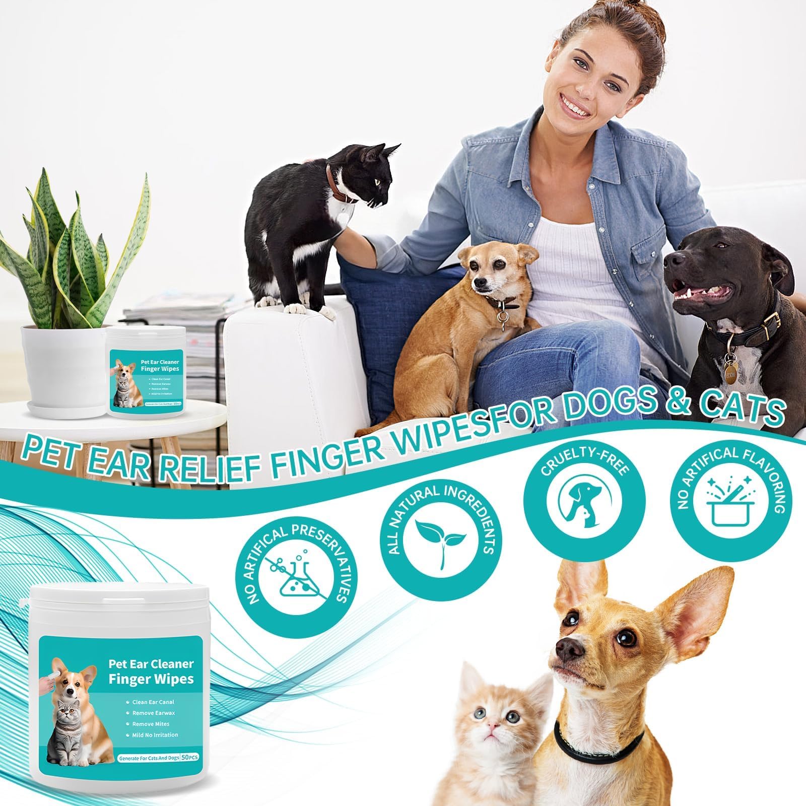 مناديل مبللة للاذن للكلاب، 50 قطعة من مناديل تنظيف اذن الحيوانات الاليفة القابلة للتحلل البيولوجي، مناديل لطيفة لتنظيف الاذن للكلاب والقطط لازالة الشمع والروائح الكريهة من جويز