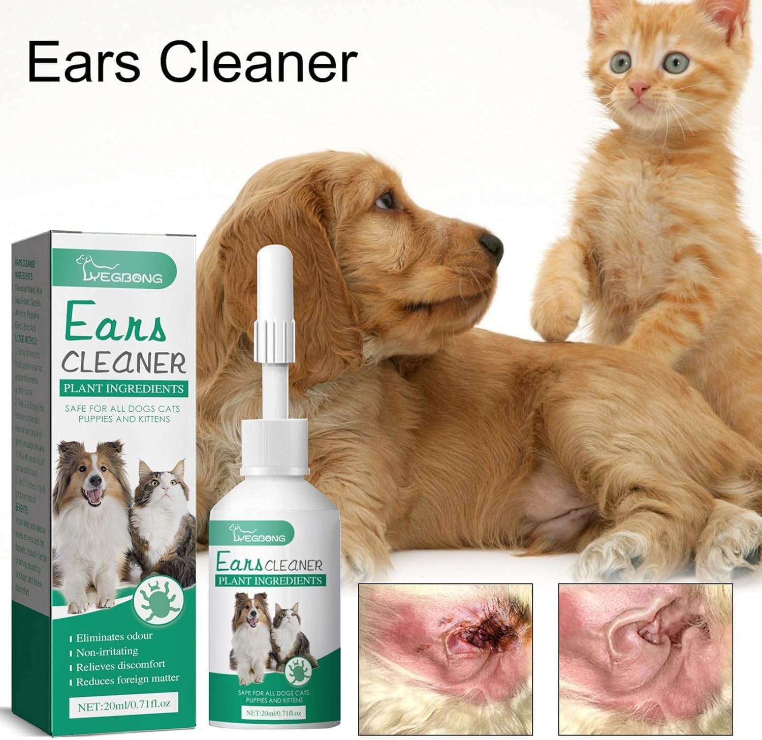 منظف اذن بوليفيا للكلاب والقطط، محلول طبيعي للاذن 20 مل لتخفيف الحكة والتحكم في الرائحة، منظف لطيف لاذن الحيوانات الاليفة لمنع العدوى وتراكم الشمع
