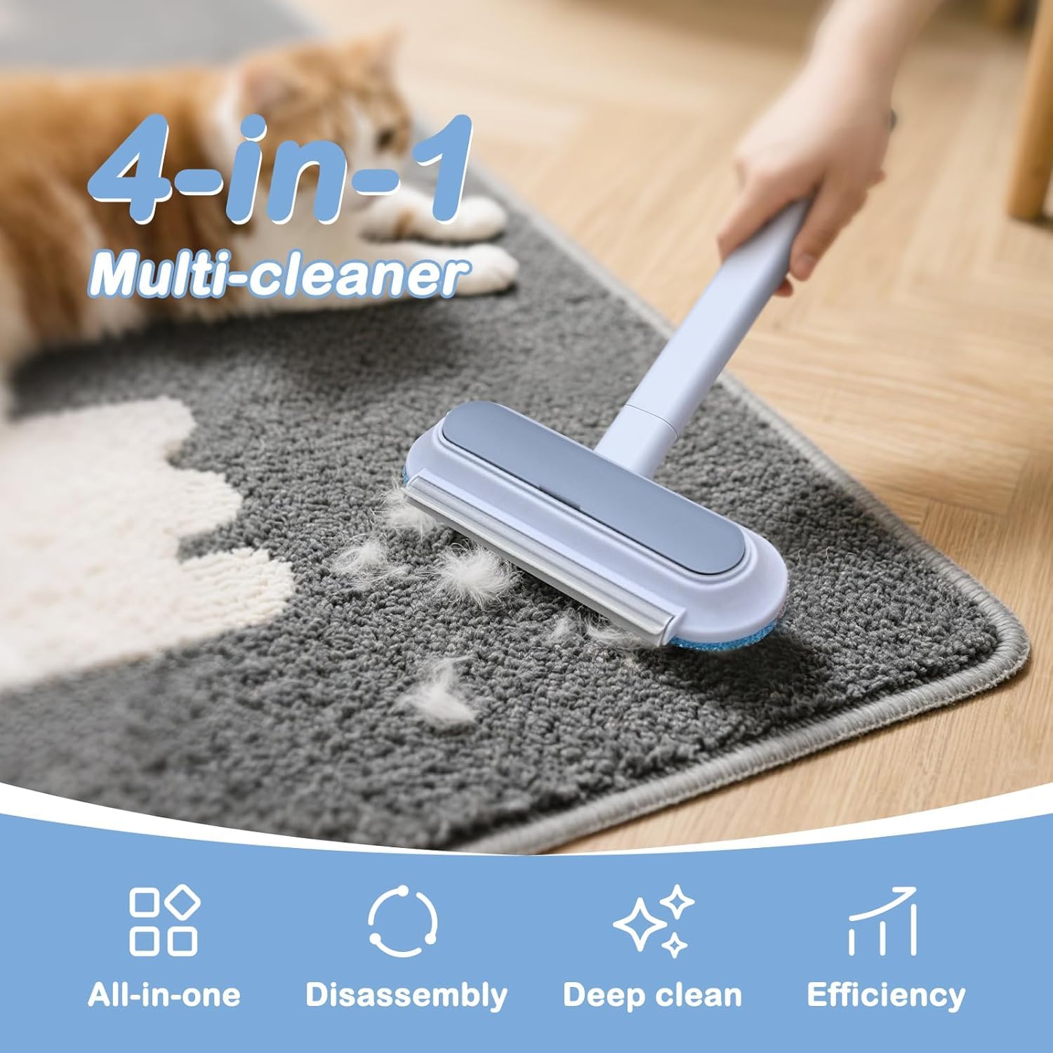 اداة ازالة شعر الحيوانات الاليفة 4 في 1 - فرشاة وبر متعددة الوظائف قابلة لاعادة الاستخدام والغسل مع مقبض ممتد للاثاث والسجاد والفراش - اداة فعالة لازالة شعر القطط والكلاب للمنزل والسيارة والكنبة