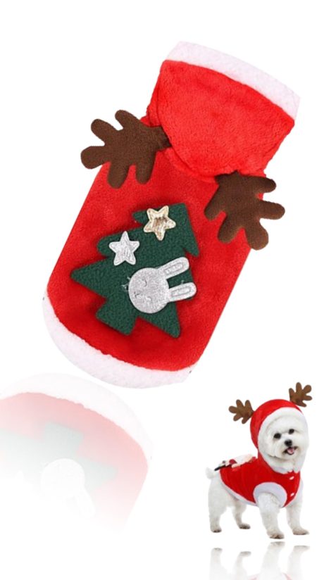 ازياء الكريسماس سويت سفن بت - زي سانتا بغطاء راس دافئ للكلاب والقطط الصغيرة والمتوسطة - بدلة ملابس للحيوانات الاليفة، زي احتفالي للكريسماس لراحة الجراء (مقاس S)