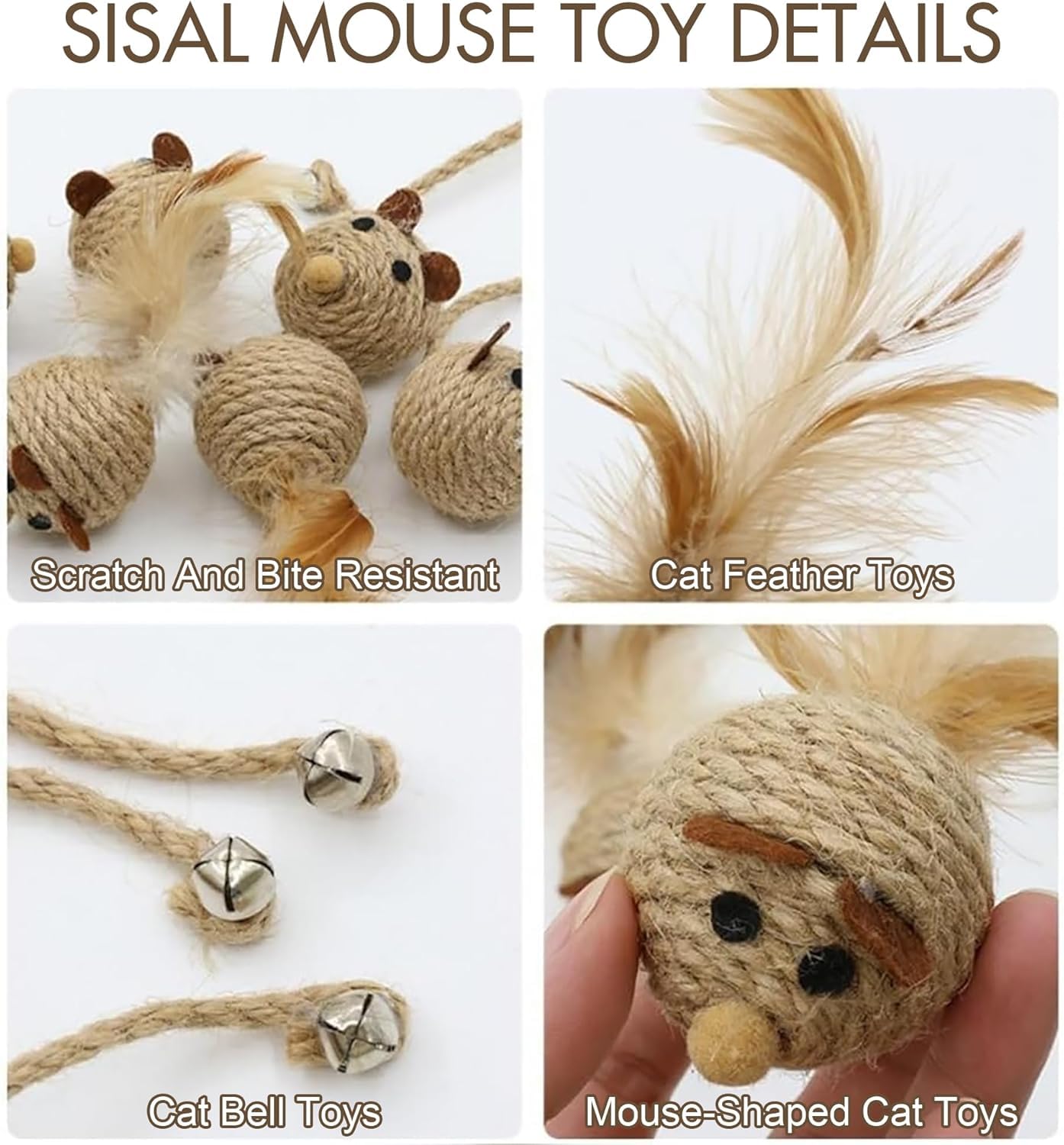 العاب سيزال طبيعية للقطط والمللة في الاماكن المغلقة من يلا جوي، العاب حيوانات مع جرس، العاب مضغ للقطط الصغيرة لتنظيف الاسنان، لعبة فأر تفاعلية للقطط (6 قطع)