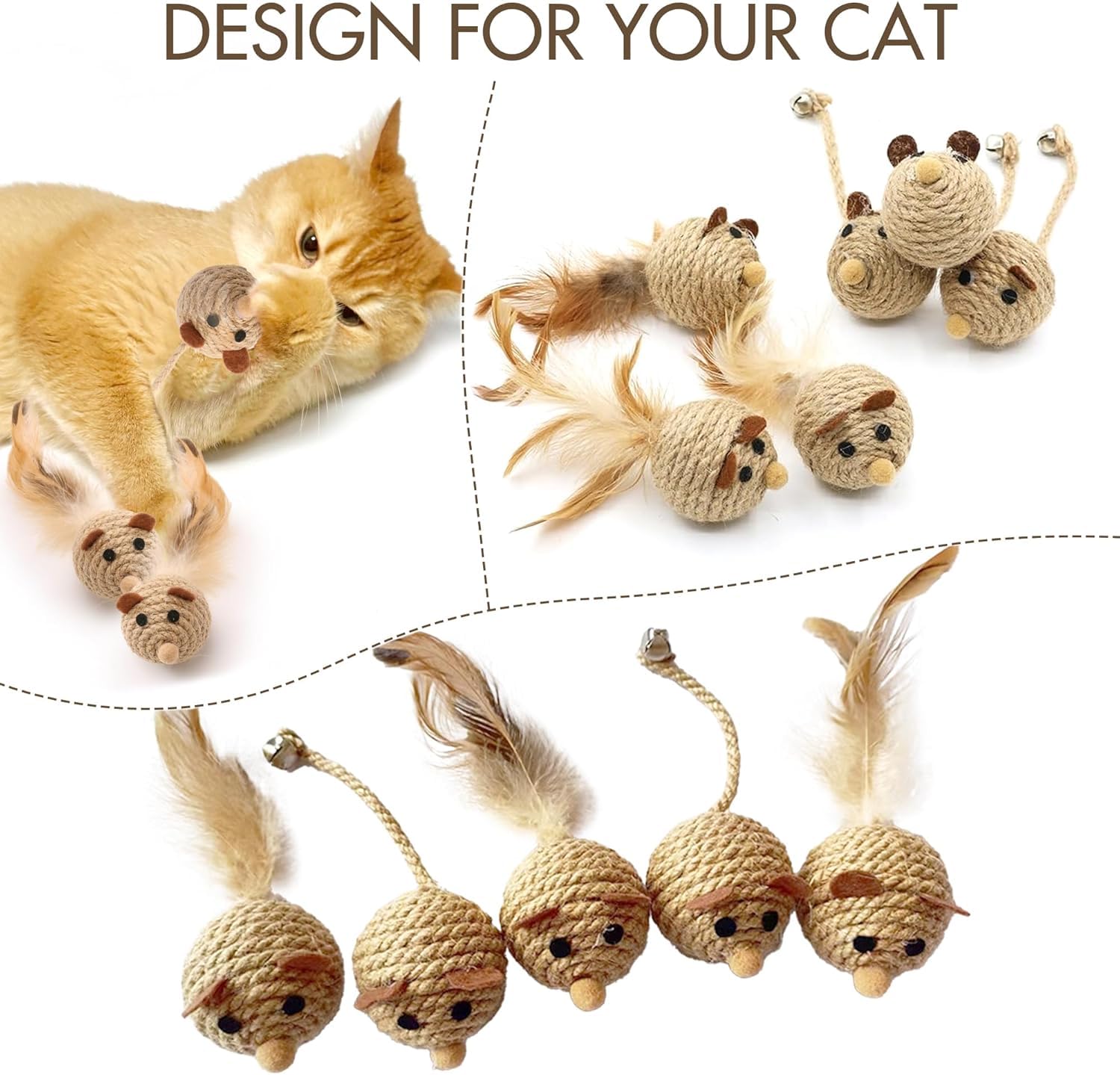 العاب سيزال طبيعية للقطط والمللة في الاماكن المغلقة من يلا جوي، العاب حيوانات مع جرس، العاب مضغ للقطط الصغيرة لتنظيف الاسنان، لعبة فأر تفاعلية للقطط (6 قطع)