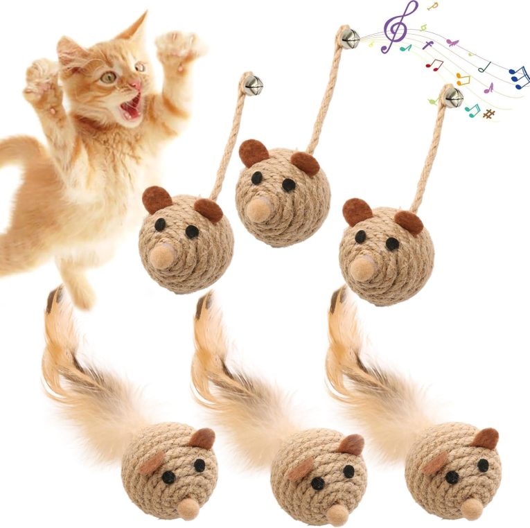 العاب سيزال طبيعية للقطط والمللة في الاماكن المغلقة من يلا جوي، العاب حيوانات مع جرس، العاب مضغ للقطط الصغيرة لتنظيف الاسنان، لعبة فأر تفاعلية للقطط (6 قطع)
