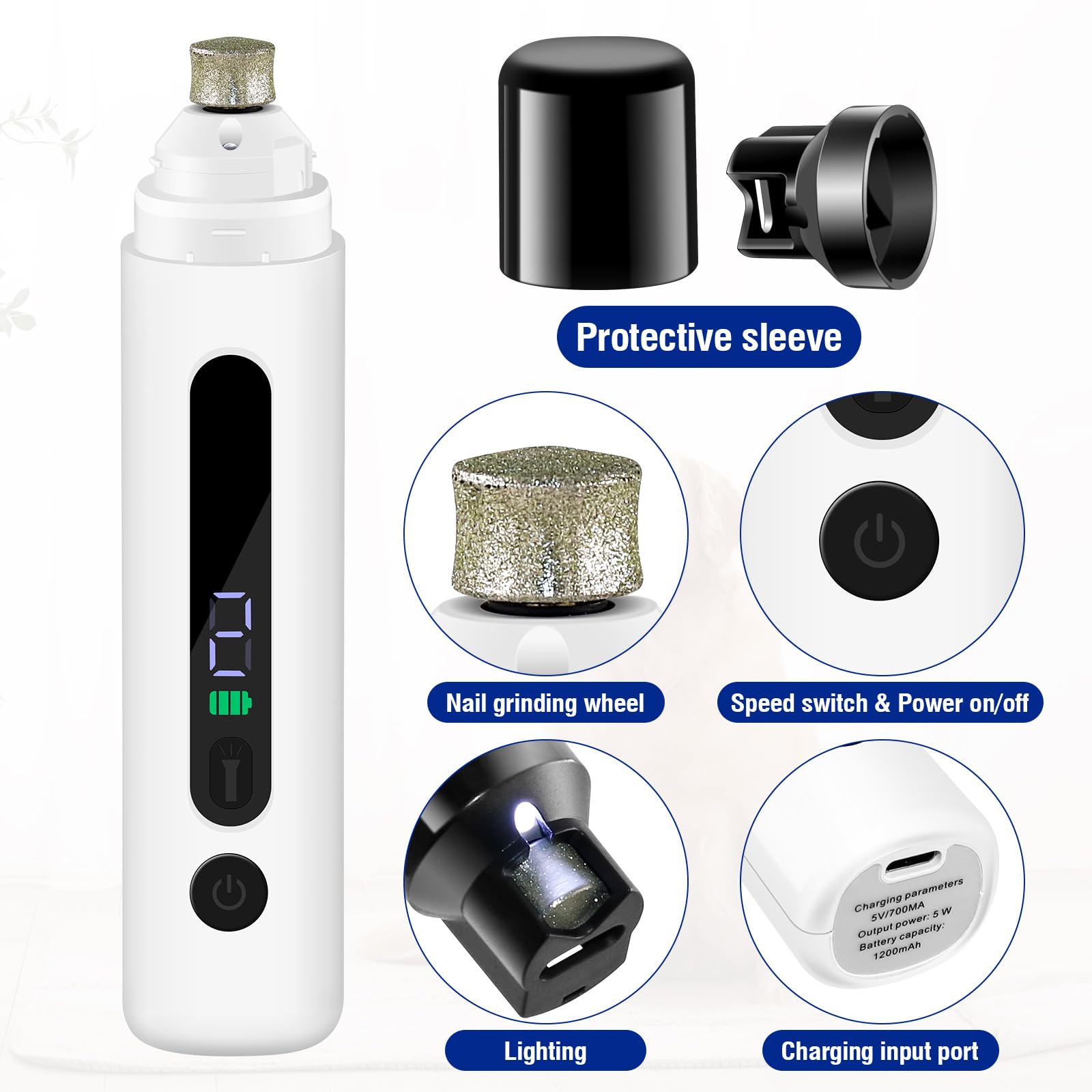 باوتشي اداة تشذيب اظافر للكلاب، 5 سرعات وشاشة LED، قابلة لاعادة الشحن، قصافة اظافر هادئة ومنخفضة الاهتزاز، 3 منافذ للكلاب الكبيرة والمتوسطة والصغيرة والقطط