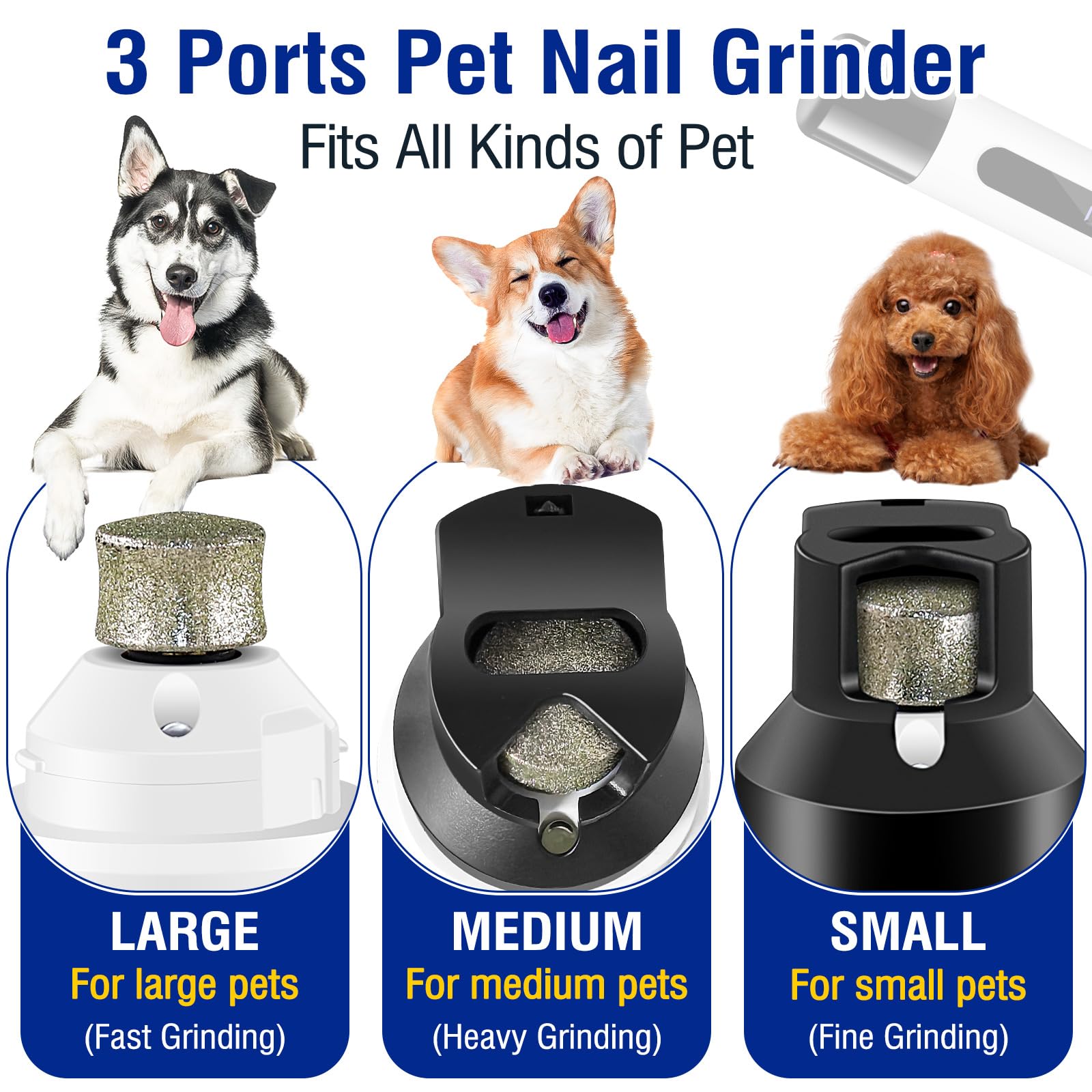 باوتشي اداة تشذيب اظافر للكلاب، 5 سرعات وشاشة LED، قابلة لاعادة الشحن، قصافة اظافر هادئة ومنخفضة الاهتزاز، 3 منافذ للكلاب الكبيرة والمتوسطة والصغيرة والقطط