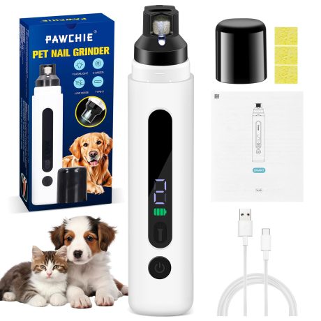 باوتشي اداة تشذيب اظافر للكلاب، 5 سرعات وشاشة LED، قابلة لاعادة الشحن، قصافة اظافر هادئة ومنخفضة الاهتزاز، 3 منافذ للكلاب الكبيرة والمتوسطة والصغيرة والقطط