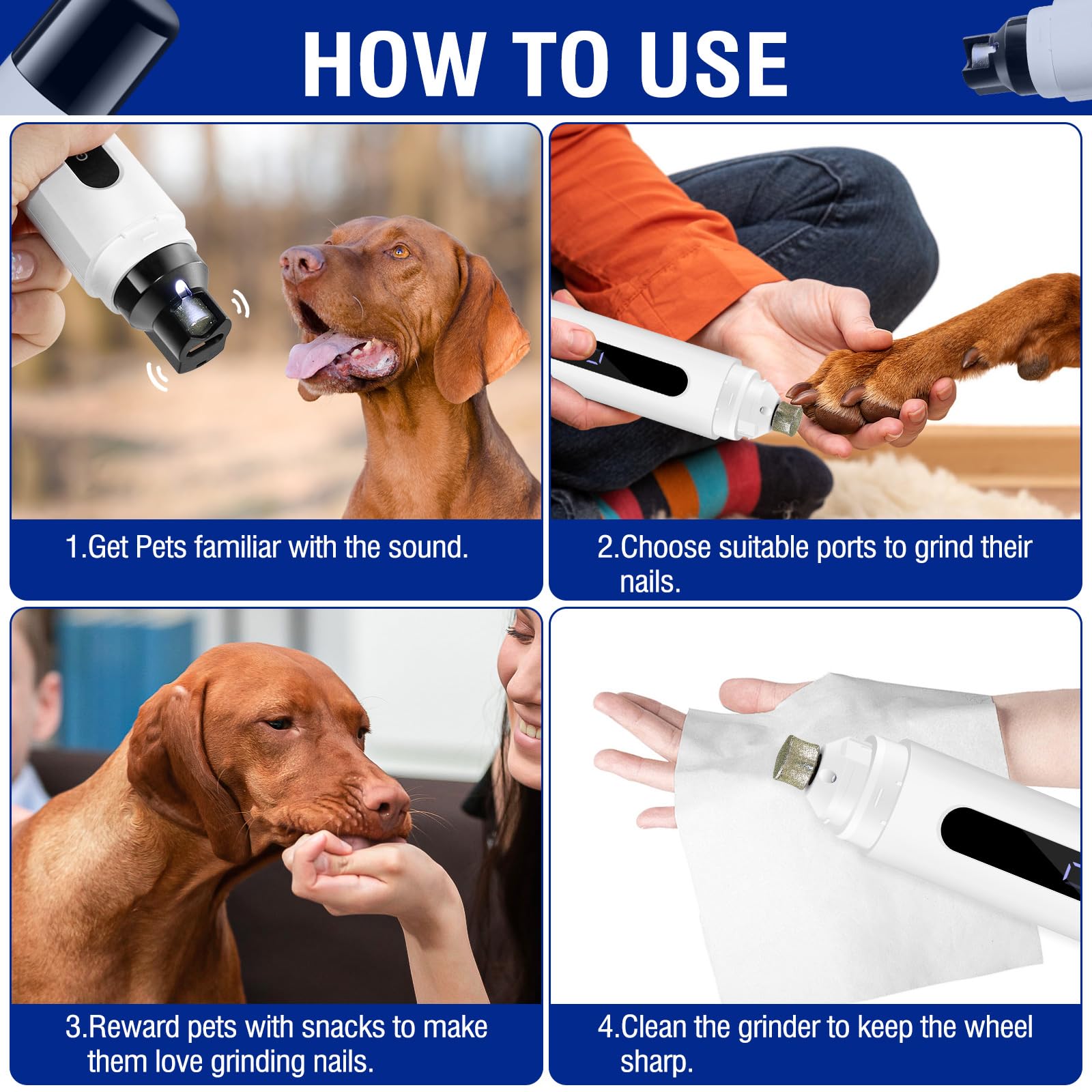 باوتشي اداة تشذيب اظافر للكلاب، 5 سرعات وشاشة LED، قابلة لاعادة الشحن، قصافة اظافر هادئة ومنخفضة الاهتزاز، 3 منافذ للكلاب الكبيرة والمتوسطة والصغيرة والقطط