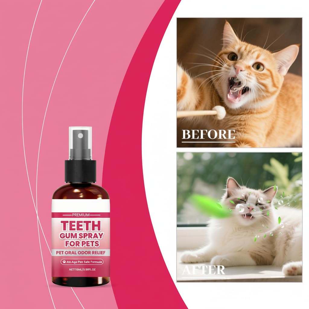 بخاخ العناية بالفم للكلاب والقطط، ينعش النفس ويزيل رائحة الفم الكريهة ويحمي اسنانهم ولثتهم، منظف جير اسنان الحيوانات الاليفة ومزيل الجير بدون تنظيف بالفرشاة (3.99 اونصة سائلة، 118 مل)