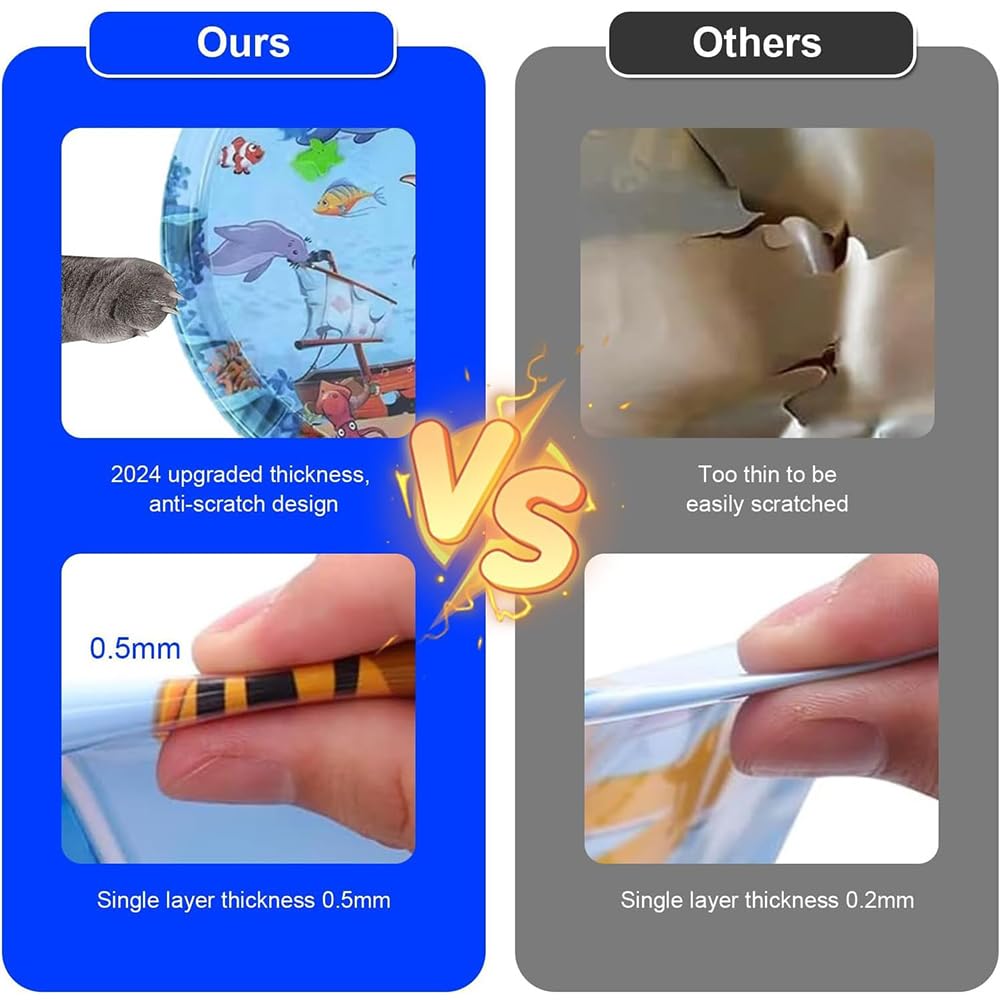 بساط لعب حسي قابل للنفخ والملء بالماء للأطفال والقطط بتصميم مطور بسمك 0.5 ملم مضاد للخدش، ألعاب تفاعلية للقطط في الأماكن المغلقة، بساط نشاط القطط مع منفاخ، 65 × 65 سم