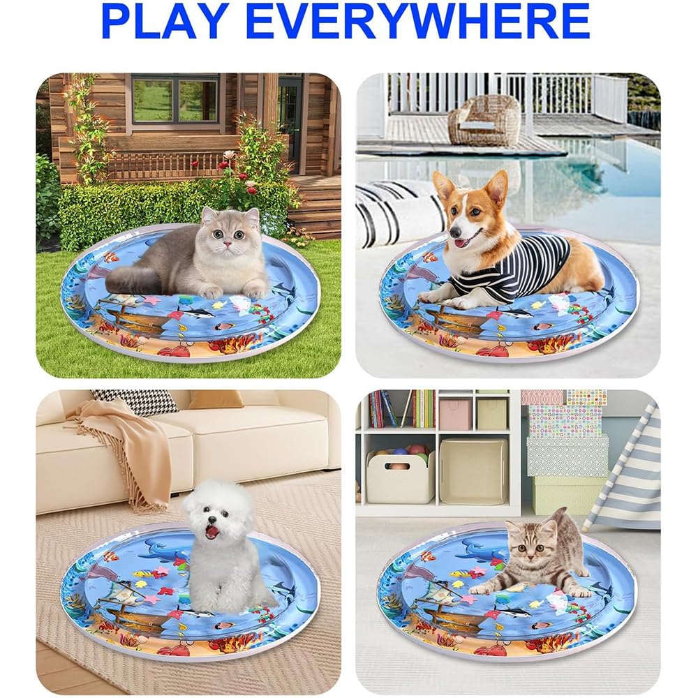 بساط لعب حسي قابل للنفخ والملء بالماء للأطفال والقطط بتصميم مطور بسمك 0.5 ملم مضاد للخدش، ألعاب تفاعلية للقطط في الأماكن المغلقة، بساط نشاط القطط مع منفاخ، 65 × 65 سم