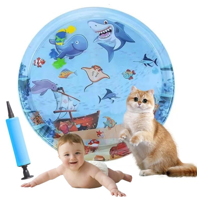 بساط لعب حسي قابل للنفخ والملء بالماء للأطفال والقطط بتصميم مطور بسمك 0.5 ملم مضاد للخدش، ألعاب تفاعلية للقطط في الأماكن المغلقة، بساط نشاط القطط مع منفاخ، 65 × 65 سم