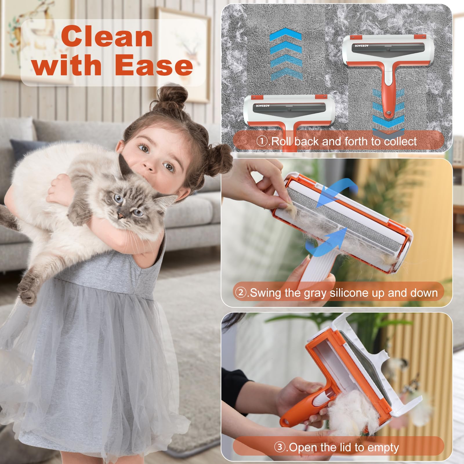 بكرة إزالة شعر الحيوانات الأليفة المريحة القابلة لإعادة الاستخدام للكلاب والقطط سهلة التنظيف الذاتي لإزالة الشعر من السجاد والأثاث والبسط والغسيل والملابس والفراش من ايس تو ايس (لون بينك)