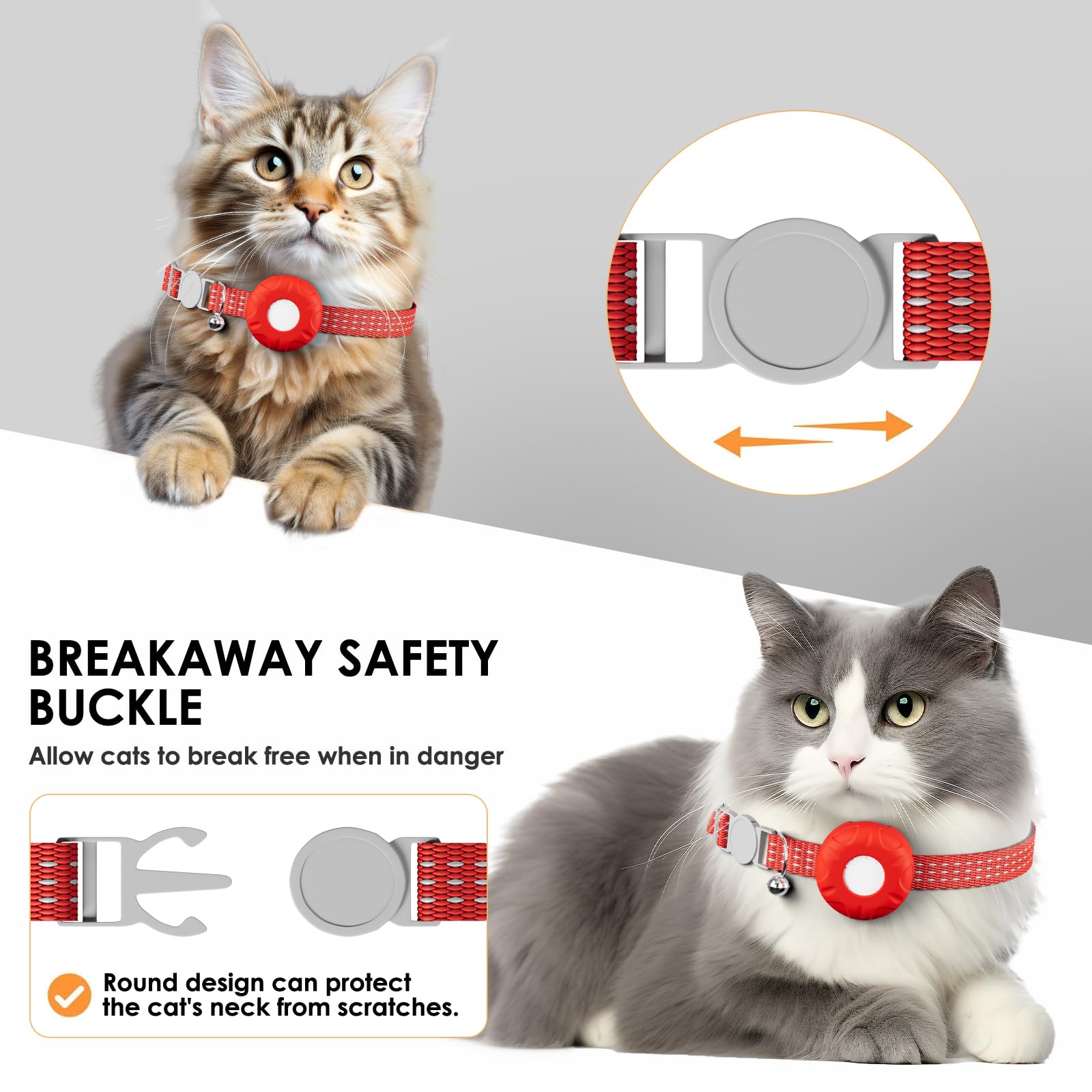 جهاز تتبع GPS للقطط من زد اف اس جيه تاج، طوق تتبع القطط مع مشبك امان مرن، متوافق مع تطبيق ابل فايند ماي (iOS فقط)، بدون رسوم شهرية، مقاوم للماء (متتبع ابيض، طوق قطة احمر)