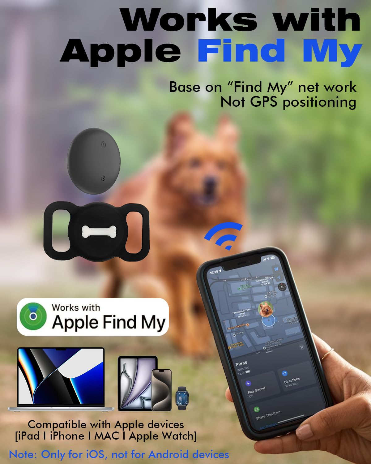 جهاز تحديد موقع العناصر، جهاز تعقب بلوتوث اكس كوبس يعمل مع ابل فايند ماي (iOS فقط)، جهاز تتبع الحيوانات الاليفة مع حامل طوق، مقاوم للماء، بطارية قابلة للاستبدال للحيوانات الاليفة/الامتعة/حقائب السفر