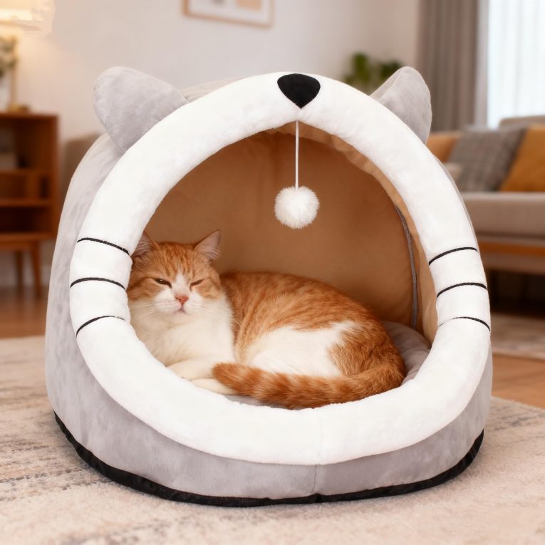 سرير قطط شبه مغلق لجميع المواسم، سرير قطط قابل للازالة والغسل للقطط الداخلية، منزل قطط مريح للقطط والكلاب للعب والنوم (رمادي، M)