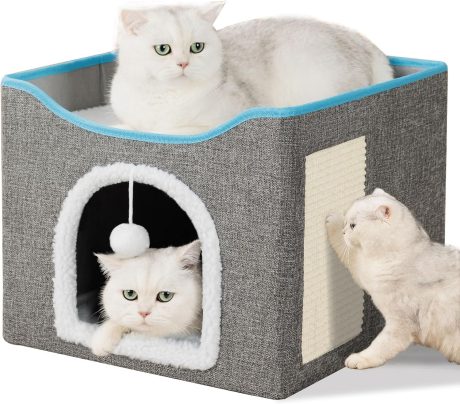 سكاي-تاتش سرير كهف للقطط قابل للطي مع لوح خدش وكرة منفوشة، سرير داخلي للقطط والحيوانات الاليفة الصغيرة، رمادي - امن على الحيوانات الاليفة، متين، 41 × 41 × 35 سم